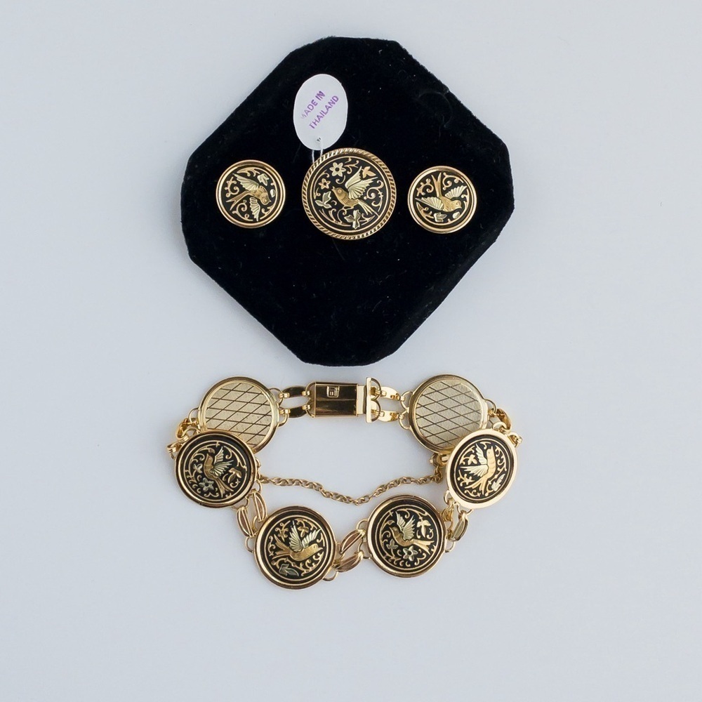 Vintage Damascene Medallion Jewelry Set IA Midas Toledo Spain Gold Tone & Enamel